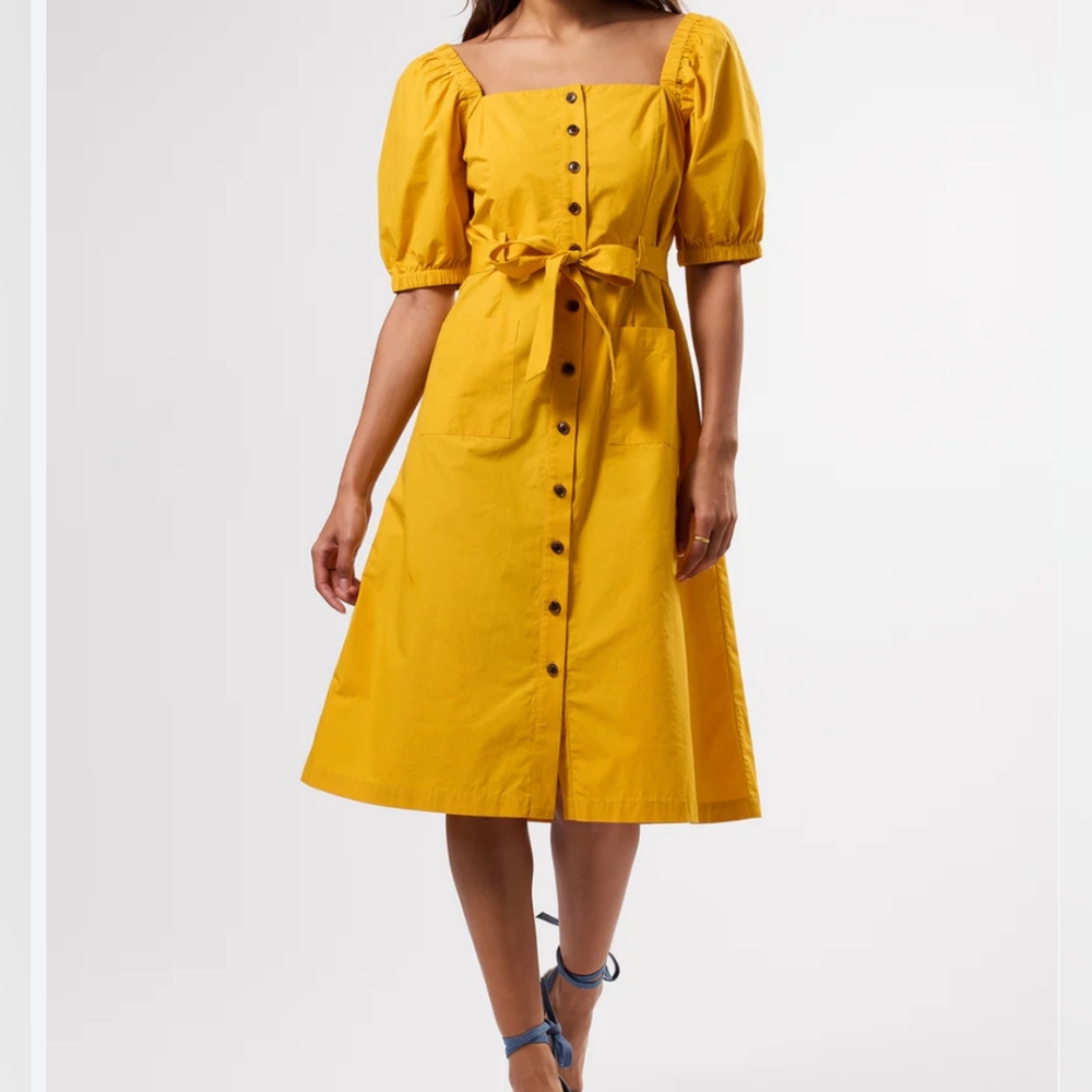 Amour Vert NWT Square Neck Button Front Puff Sleeve Yellow Organic Cotton Dress